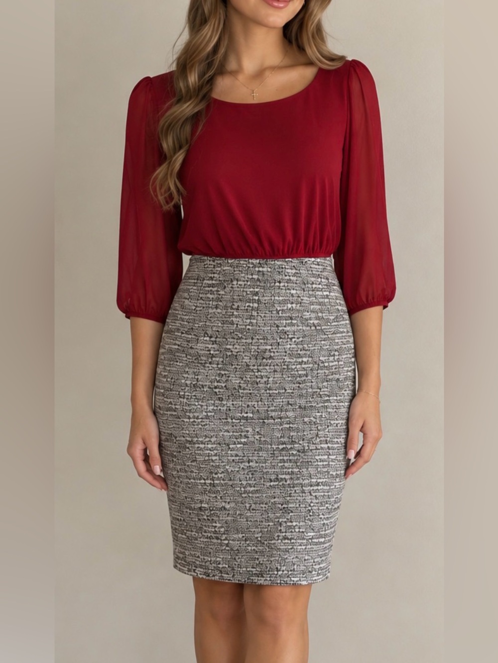 Enfocus Studio Burgundy Pencil Skirt with Textured Gray Panel